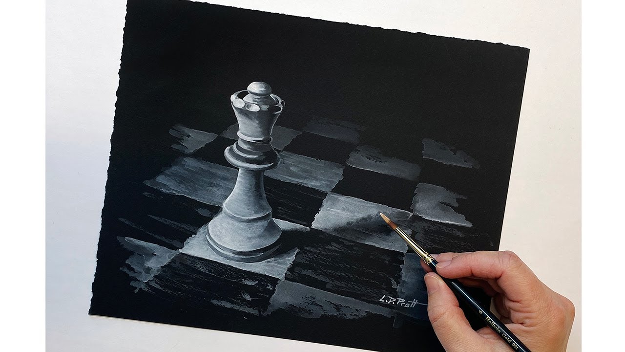 Chess Queen Painting with Gouache Watercolor on Black Paper Tutorial