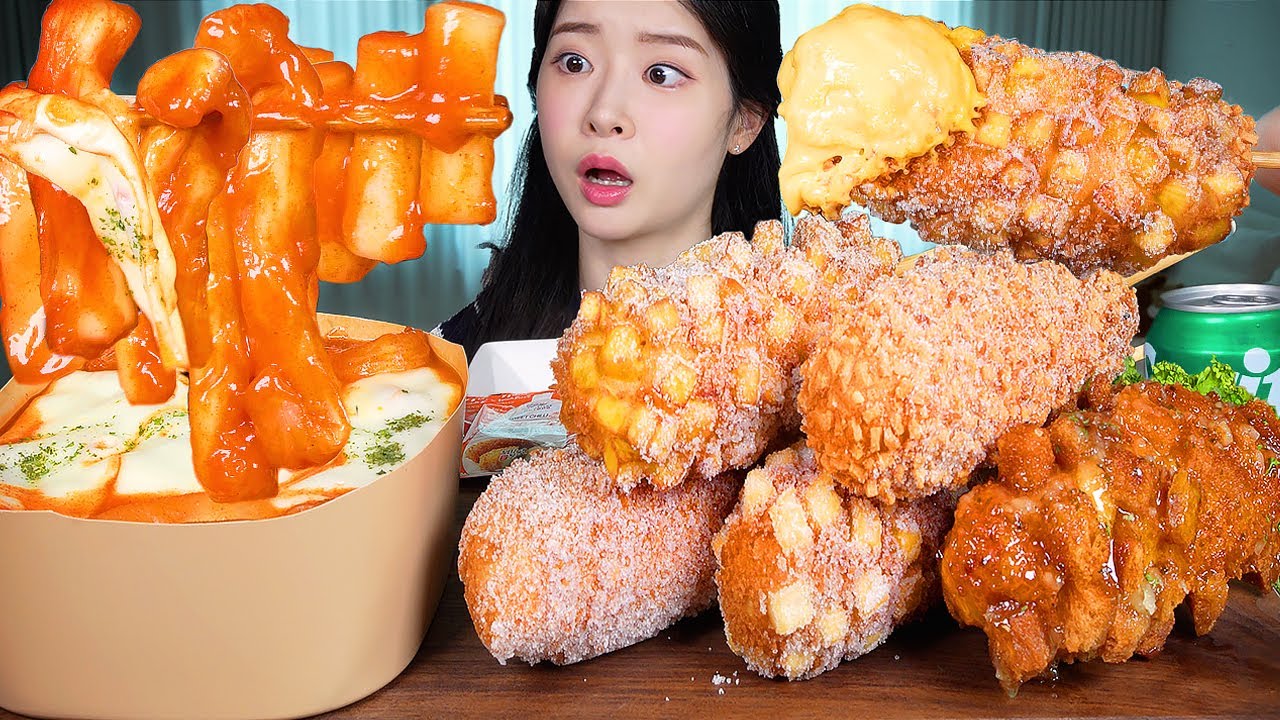 ASMR MUKBANG | 5 хрустящих корейских корн-догов ☆ Острый ттокпокки с моццареллой и рисовой бумагой 🔥