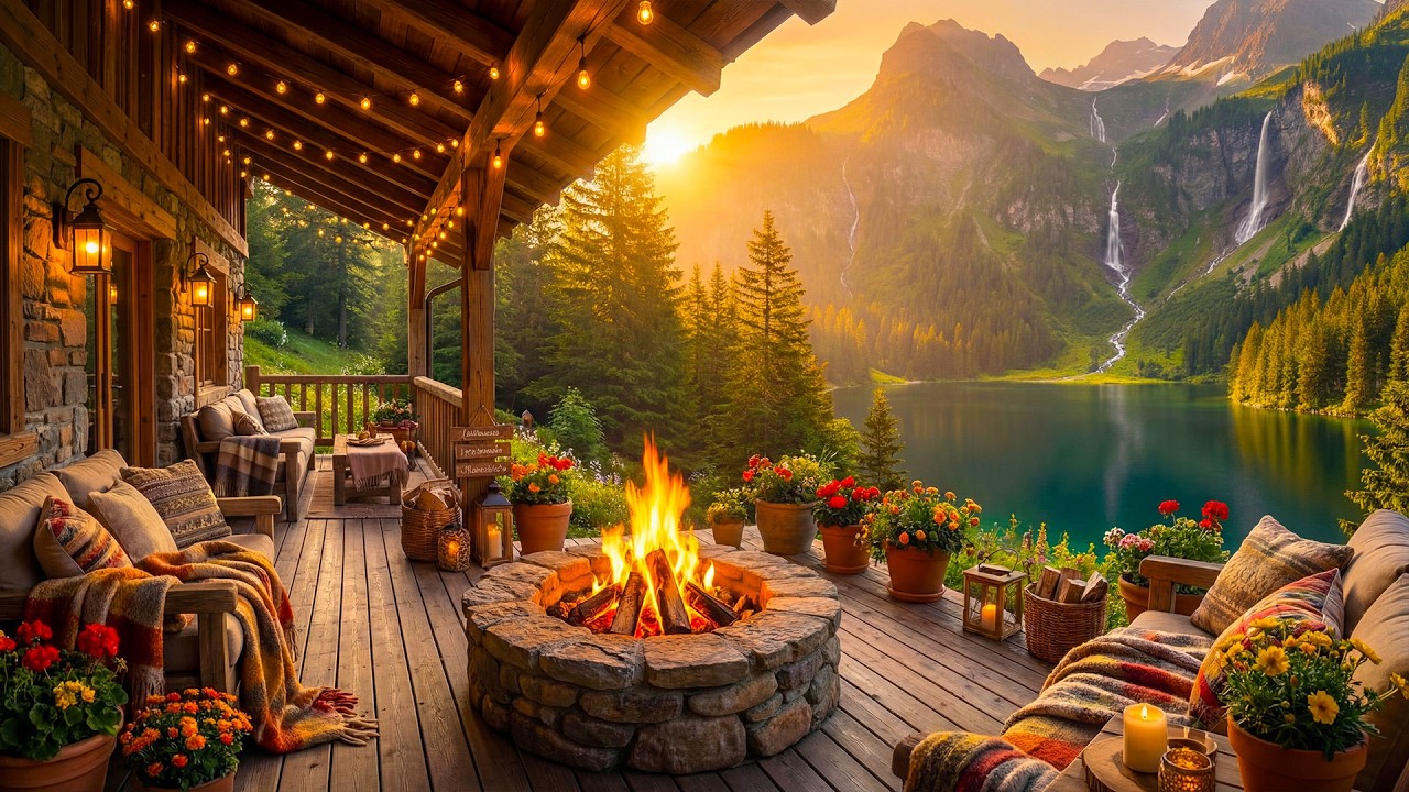 Serene Sunset Lakeside Cabin Porch Retreat 🌄🔥 Relaxing Campfire, Birdsong & Nature Sounds for Sleep
