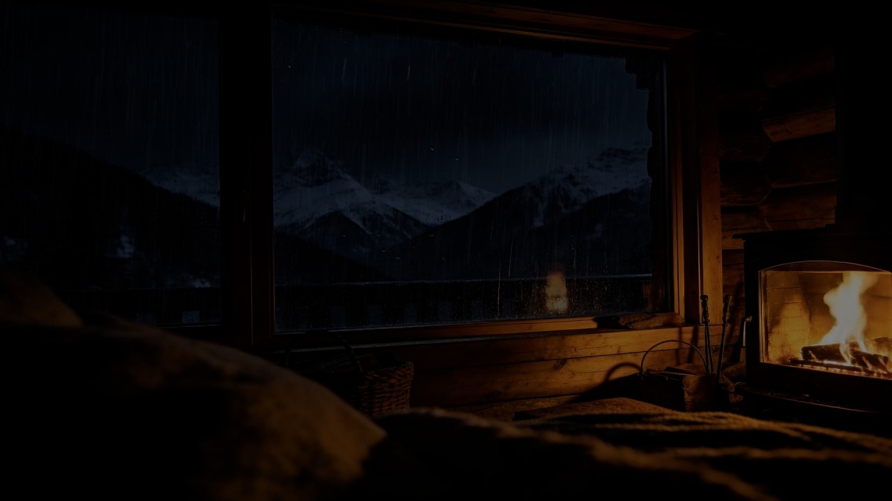 Rainy Mountain Night 🌧️🔥 Cozy Cabin Fireplace & Window Rain Sounds for Deep Sleep (No Ads)