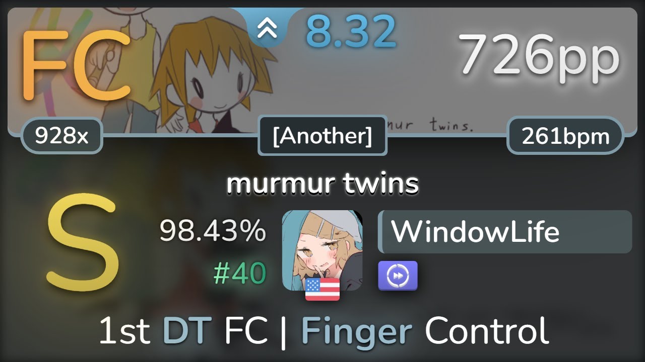 WindowLife | yu_tokiwa.djw - murmur twins [Another] +DT 98.43% FC #40 | 726pp - osu!