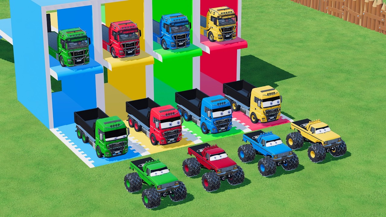 Garage with Colors - ALL MIXER TRUCK WITH DOUBLE FLATBED TRAILER TRUCK, MAN, KENWORTH, HINO - FS22