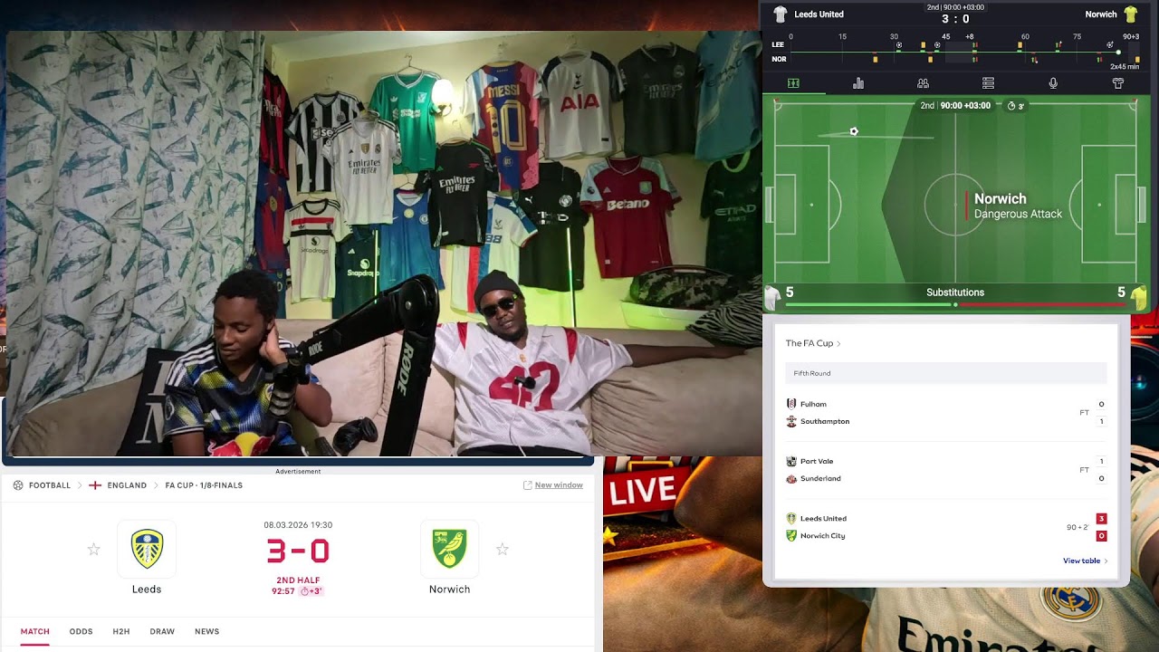 FACUP: Leeds United VS Norwich City 3-0 | Watchalong Match Reactions| 1/8 finals