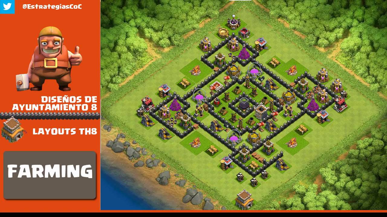 Diseños de Aldeas Ayuntamiento 8 para Farming y Defender en Guerra, TH8 Base Layouts HD