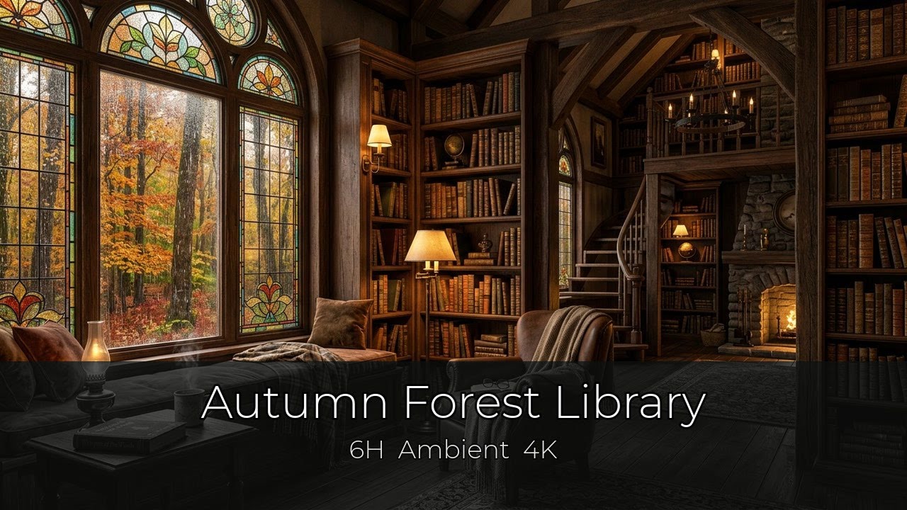 Autumn Forest Library Ambience | 6 Hours | Rain & Page-Turning Sounds for Sleep, Study, Relaxation