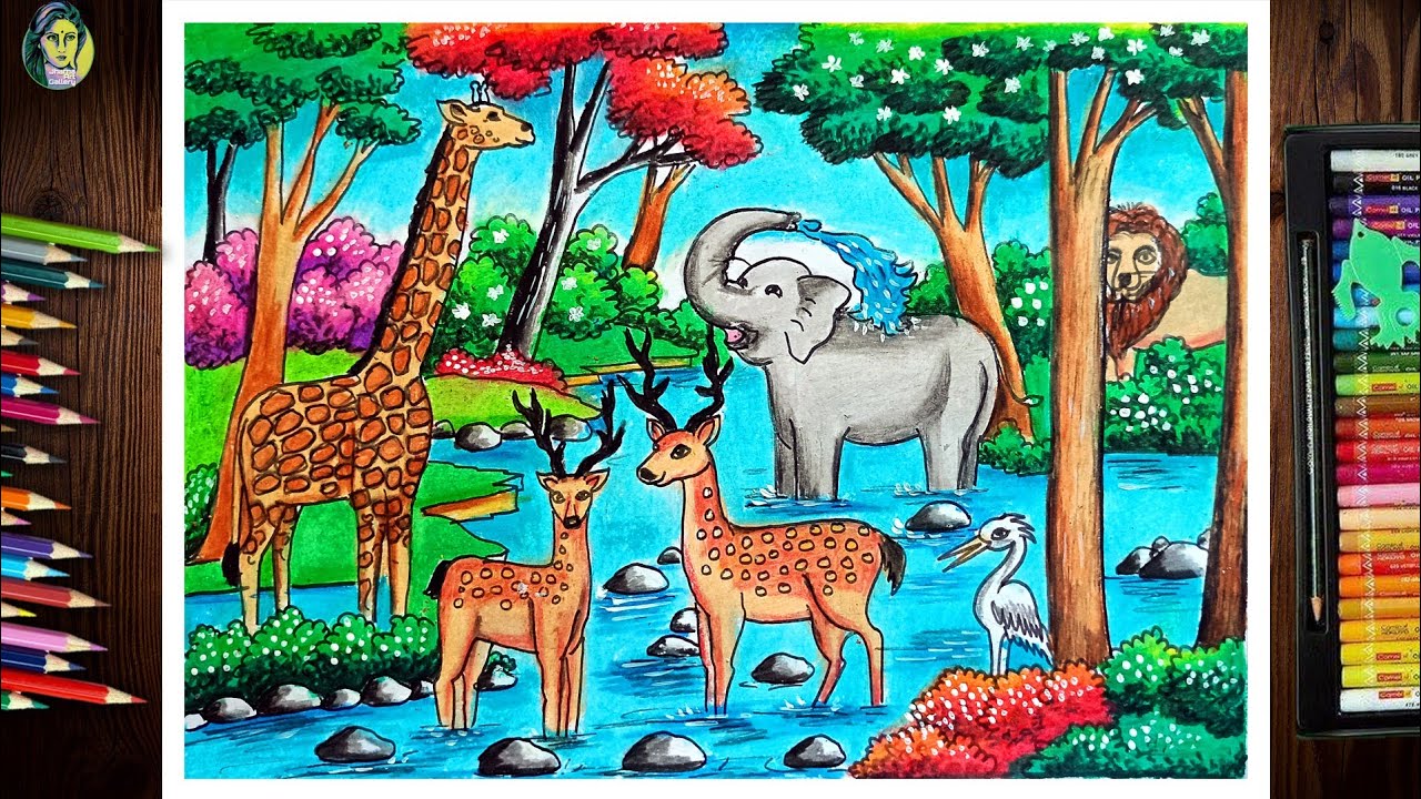 Forest Scenery Drawing Step By Step | Wildlife Drawing Easy | Forest Scenery Drawing With Animals