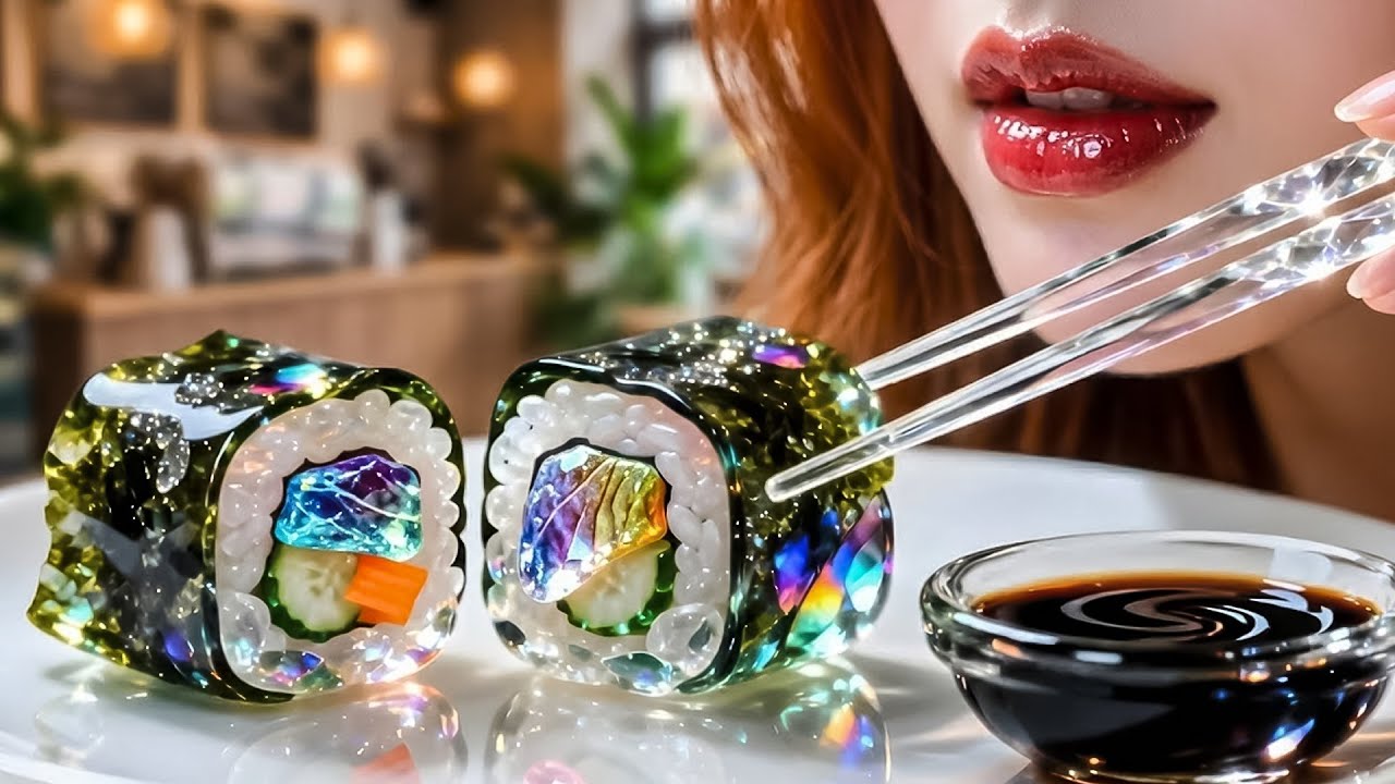 Hyperrealistic ASMR Glass Spicy Tuna Sushi Roll: Crystal Ingredients, Diamond Glitter, Made of GLASS