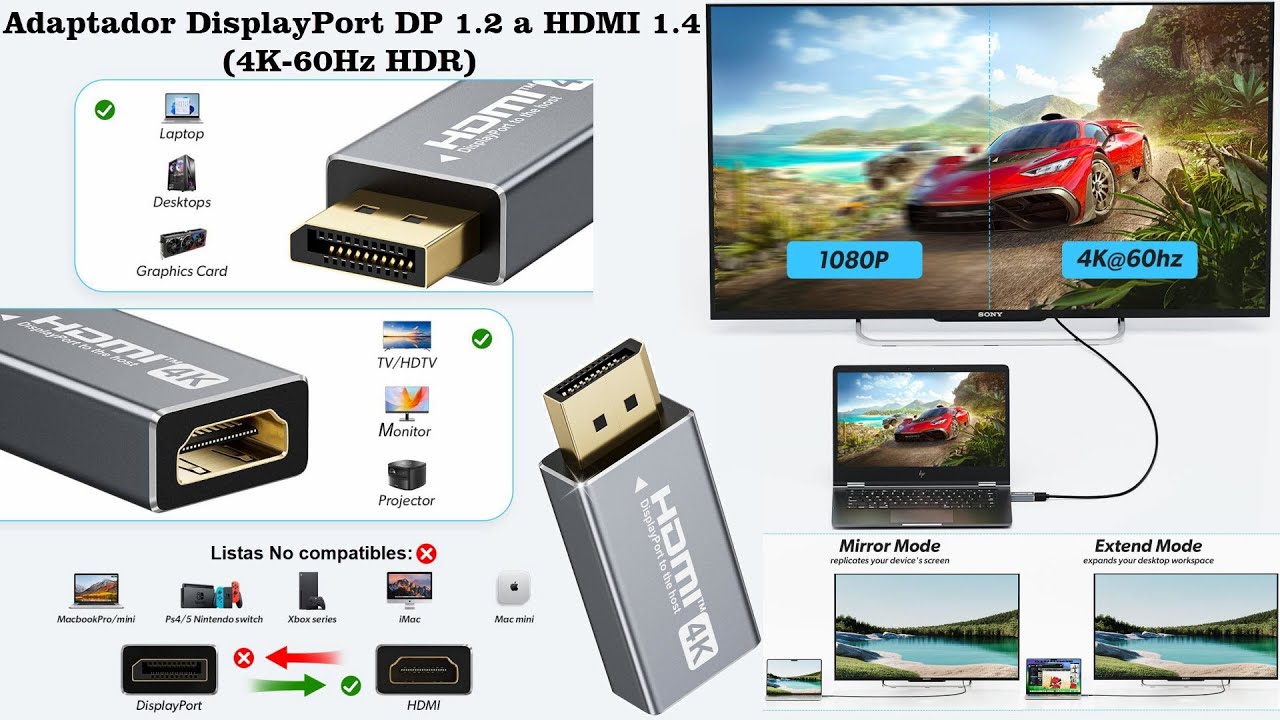 Adaptador DisplayPort DP 1.2 a HDMI 1.4 (4K- 60Hz HDR)