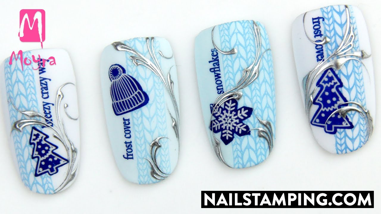 Winter nail art in different blue shades (nailstamping.com)