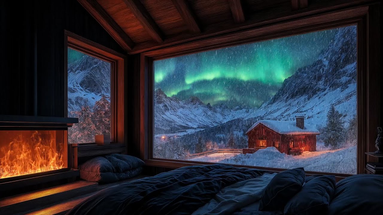 Arctic Dream View 🌌 Relaxing Inside a Cabin Bedroom with Falling Snow and Fire Sounds ASMR