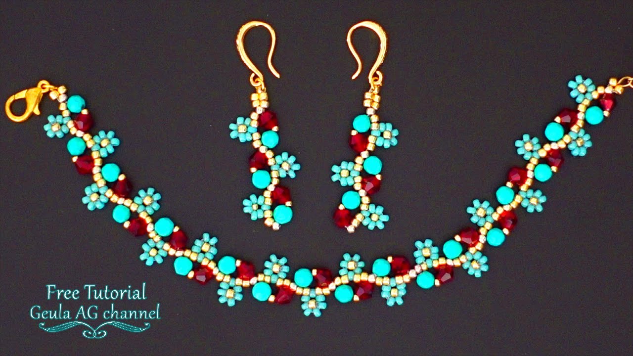 Flower Beaded EARRINGS & BRACELET Jewelry Set