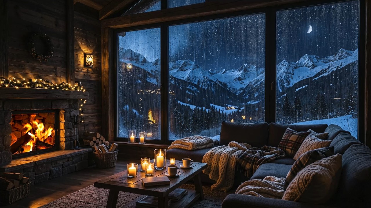 Rain, Thunder & Fireplace Sounds at Night | Relaxing Cabin Ambience with Sleeping Pets