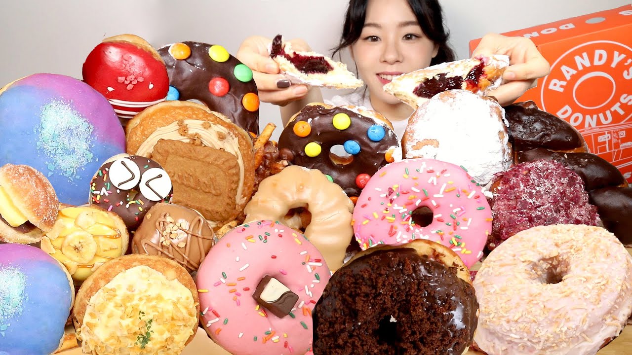 SUB) ASMR Крем взрывается пончик Мукбанг 🍩 Шоколад М&М Клубника Карамель Мокрый пончик Десерт