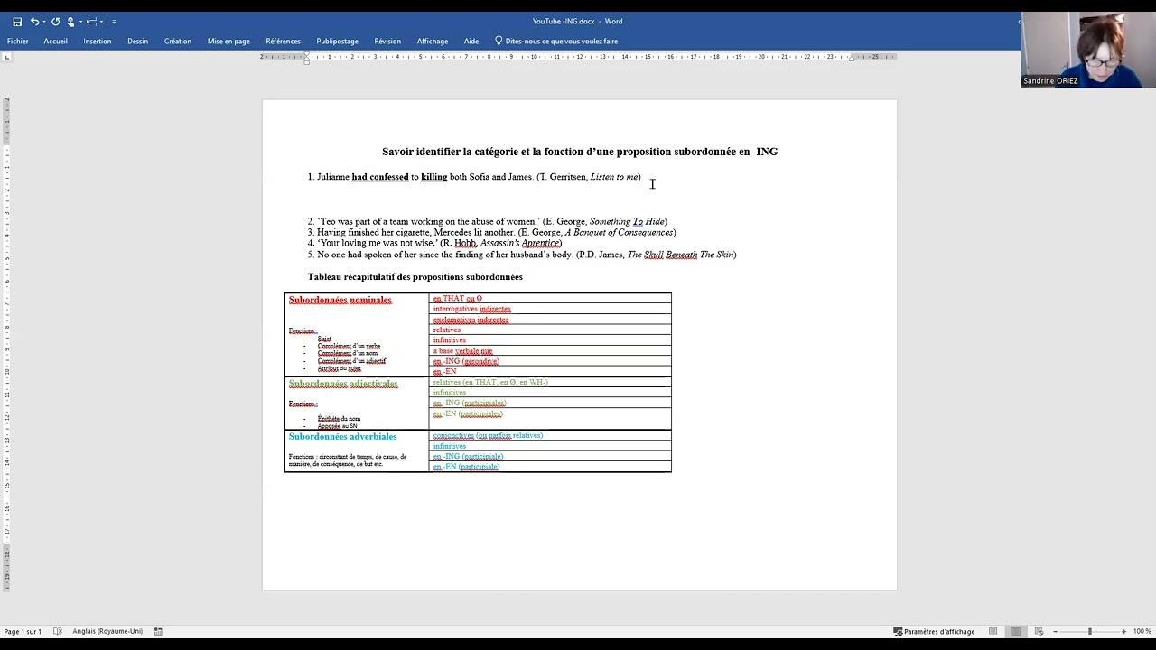 Linguistique anglaise (par S. Oriez) : Subordonnées en -ING (phrase 1 corrigée)