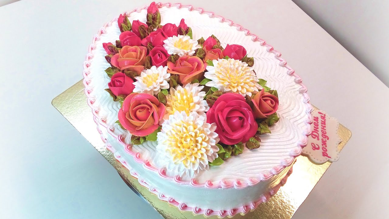 Тортик с Хризантемами и Розами(крем БЗК). /Cake with chrysanthemums and roses(protein custard).