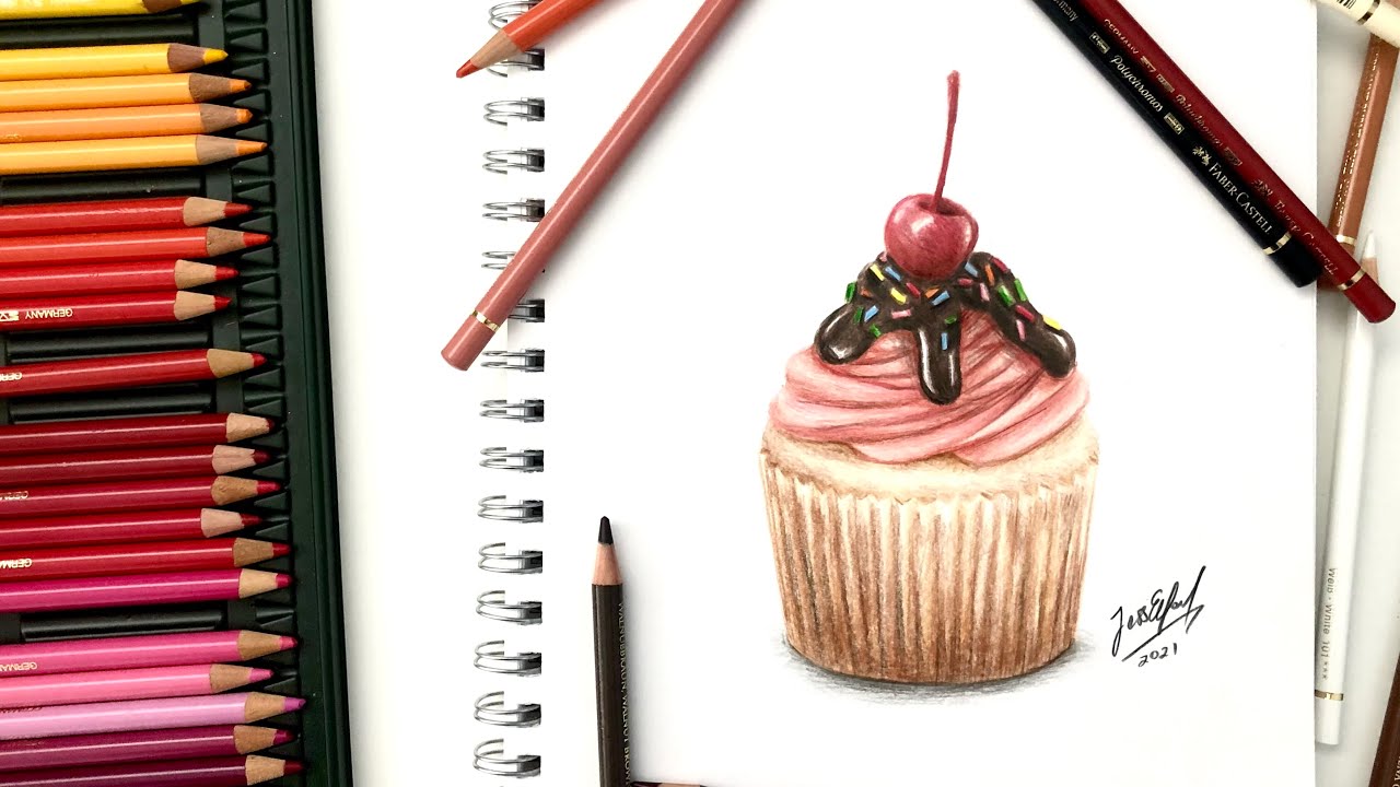 HOW TO DRAW A REALISTIC CUPCAKE | drawing food with coloured pencils
