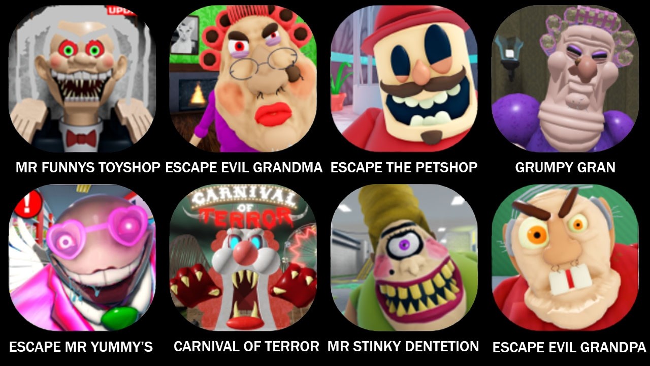 ESCAPE MR FUNNY'S TOTSHOP! (SCARY OBBY), ESCAPE EVIL GRANDMA! (OBBY), ESCAPE THE PETSHOP!