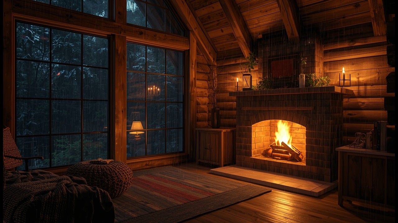 Rain Sliding on Window in a Cozy Cabin | 8 Hours Fireplace Sleep Sounds