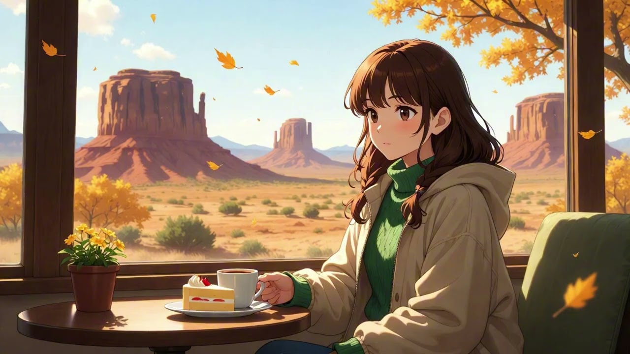 92# Ghibli Style Autumn Café Scene | Peaceful Anime Study Background