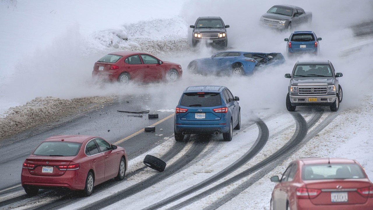 Icy Road Nightmare: Seconds From Disaster – Cars Lose Control Caught on Camera!