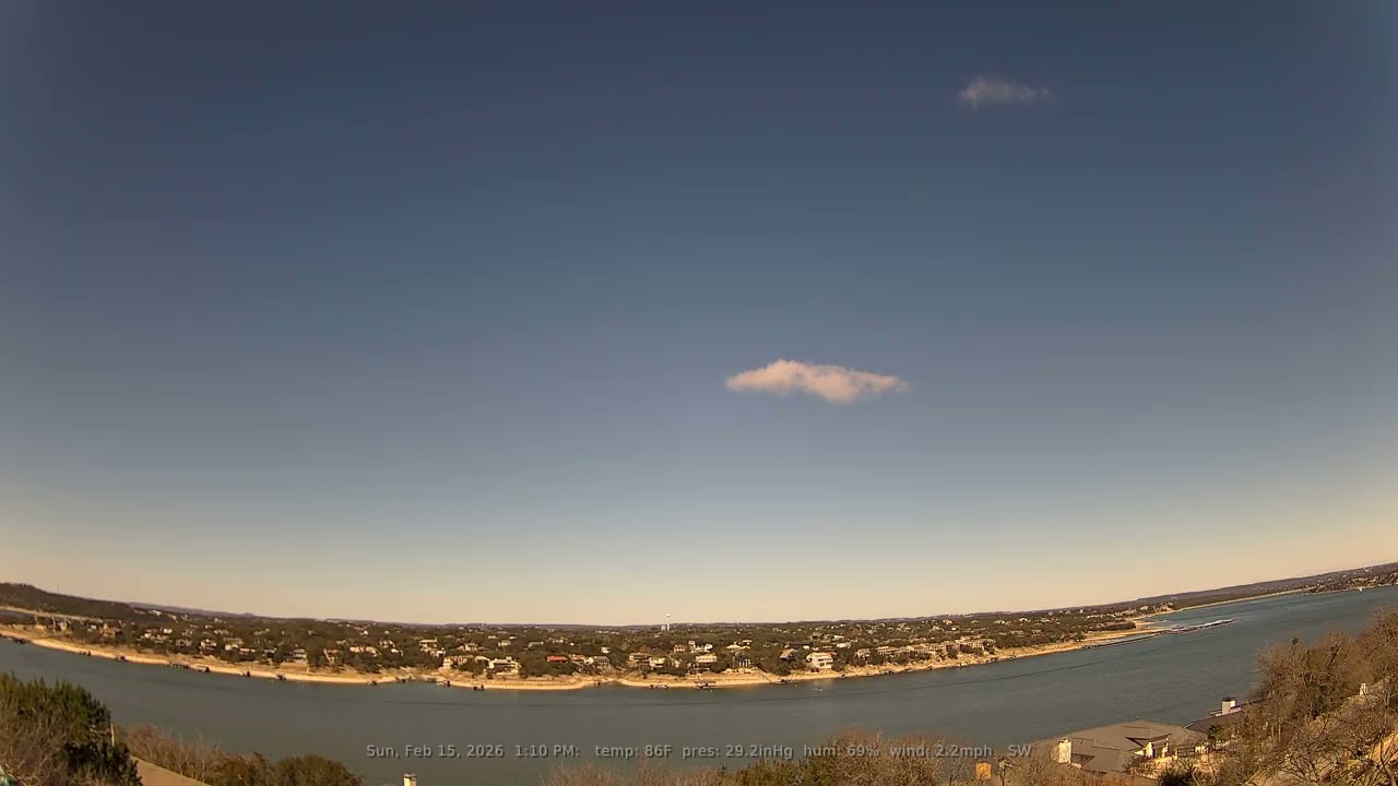 02/15/2026: Lake Travis, Texas (Austin, TX): 4K, 60fps Daily Weather & Boat Traffic Timelapse Video