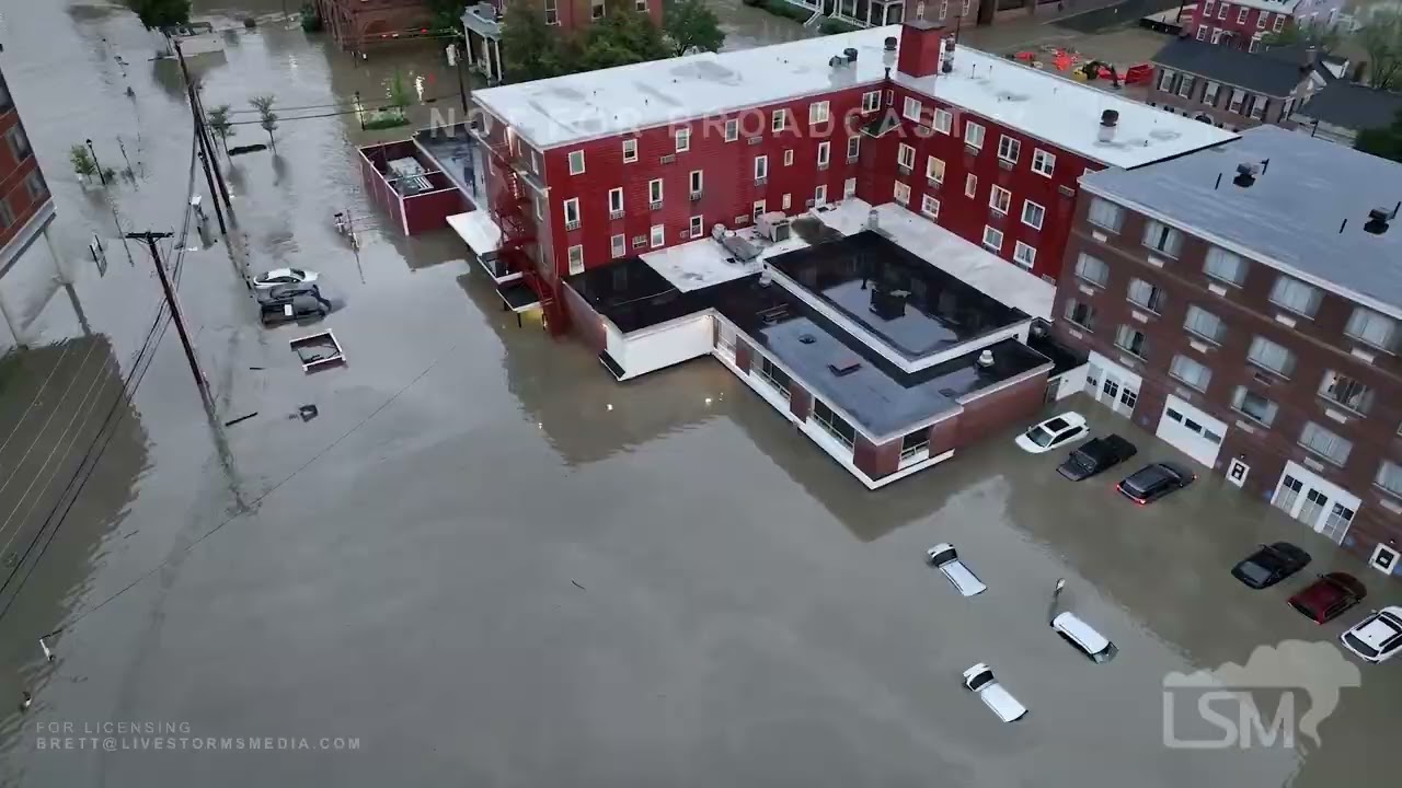 7-11–2023 Montpelier, VT - Historic flood downtown underwater - Winooski River - drone