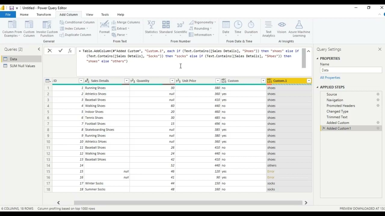 Null values and blank values in Power query editor