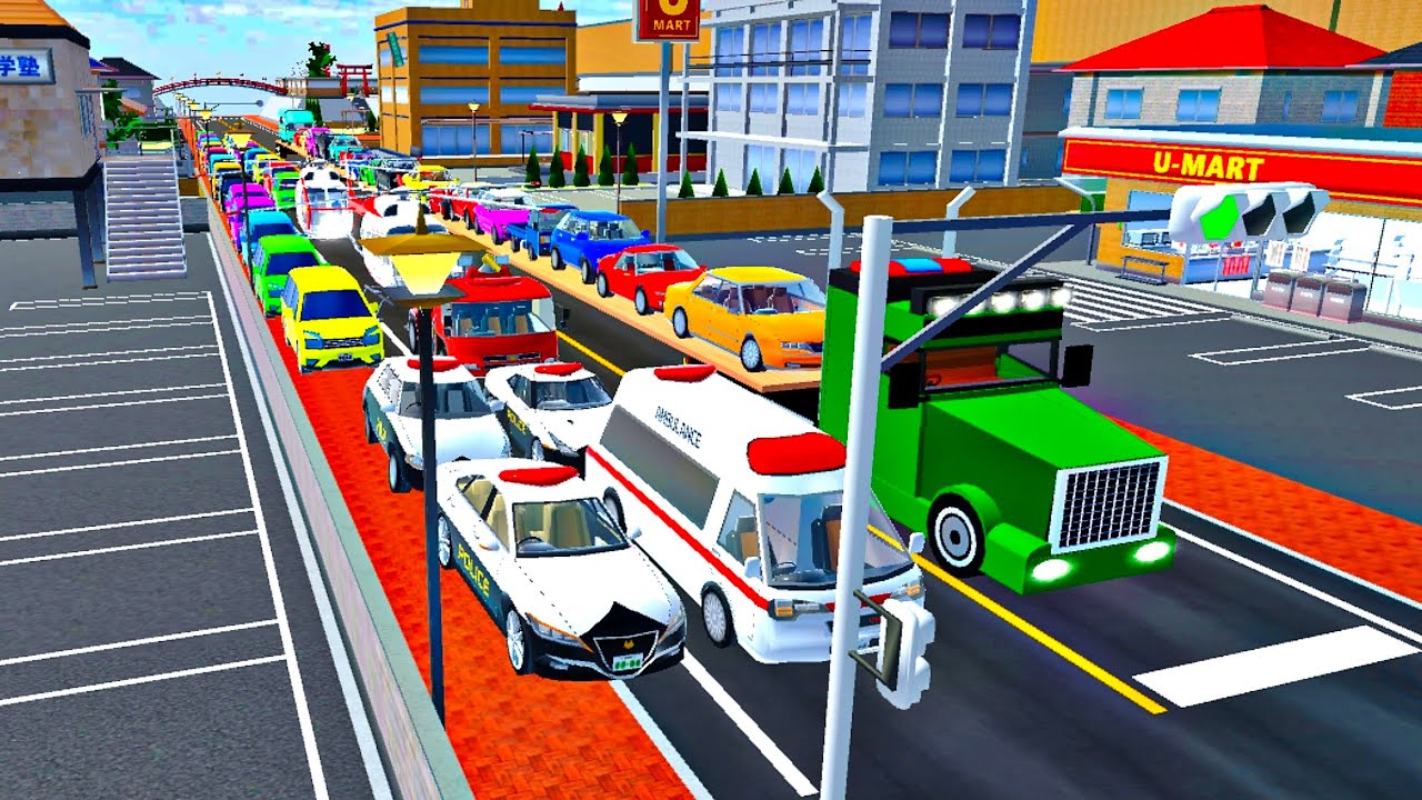 Three-tier Flatbed Trailer Truck Transports all Rainbow Cars - All Colour Car & Police Car - Sakura