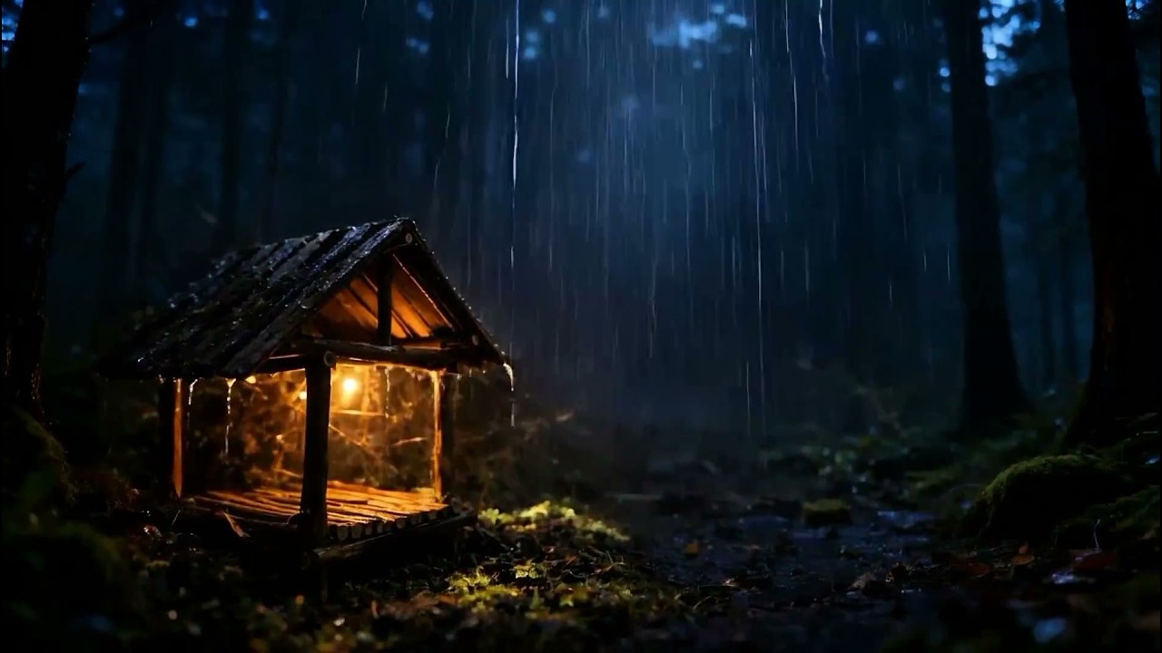 Forest Hut Rain Sounds at Night 🌧️ | 3 Hours ASMR｜夜の森の雨音｜森林小屋雨声