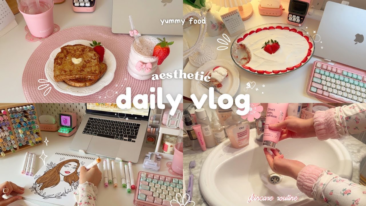 Daily vlog💗🎀 aesthetic & productive day in my life, strawberry tiramisu 🍓panting, daily routine🌷