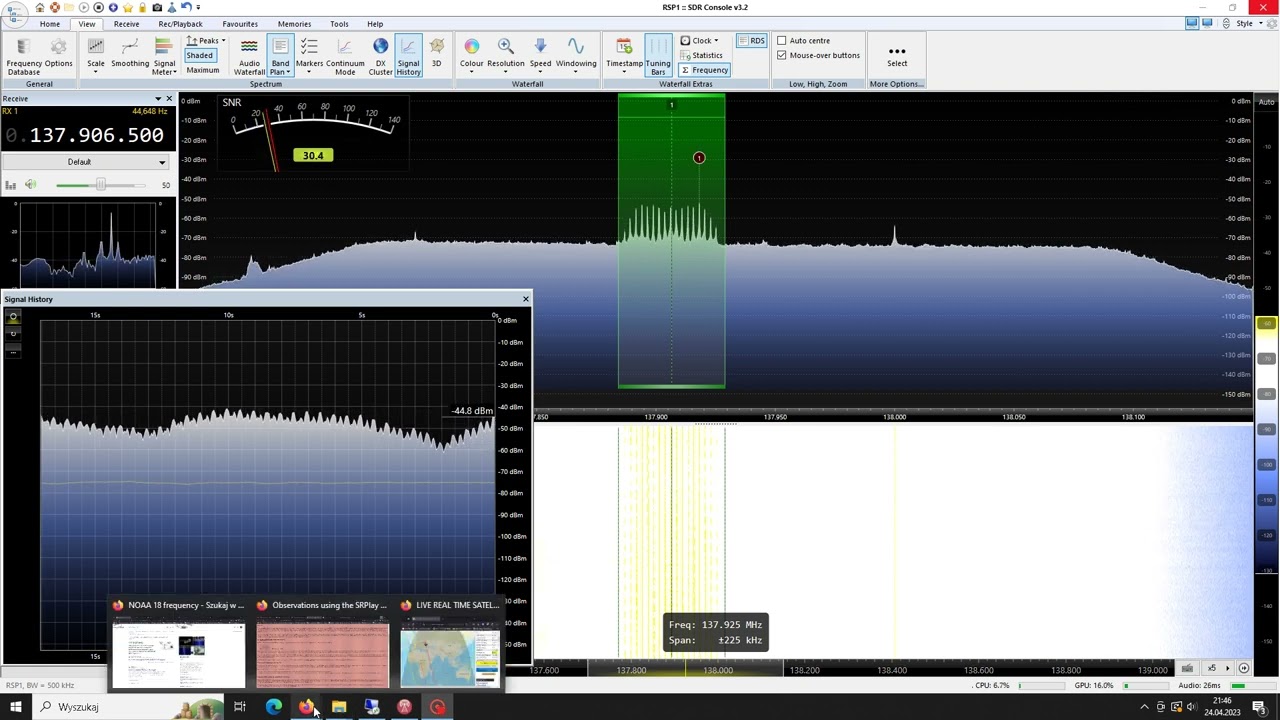 NOAA with RSP1A clone + TQP3M9036 LNA + FM BSF + Ground Plane 137 MHz antenna