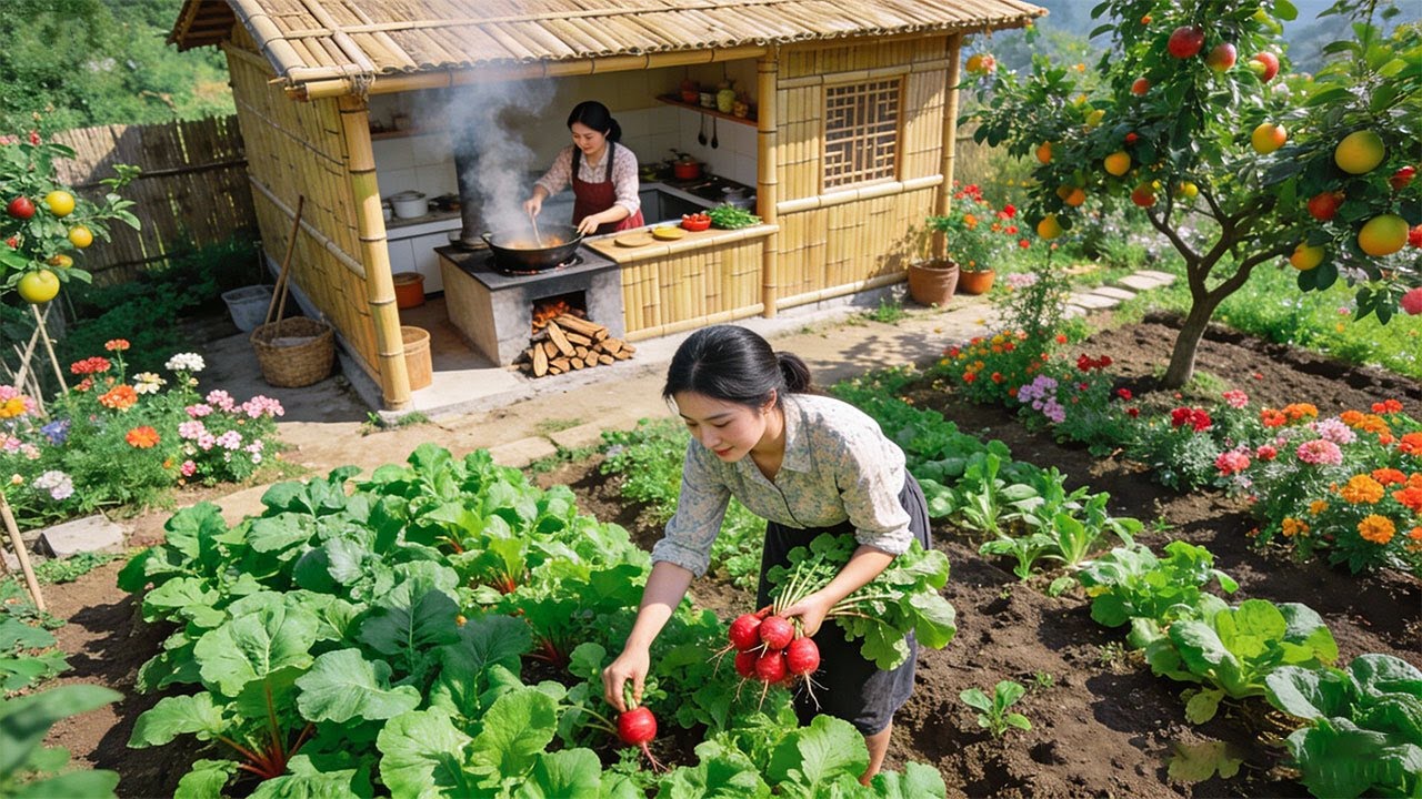 Peaceful Mountain Farm Life: A Young Girl Gardening, Harvesting Fresh Crops & Traditional Cooking
