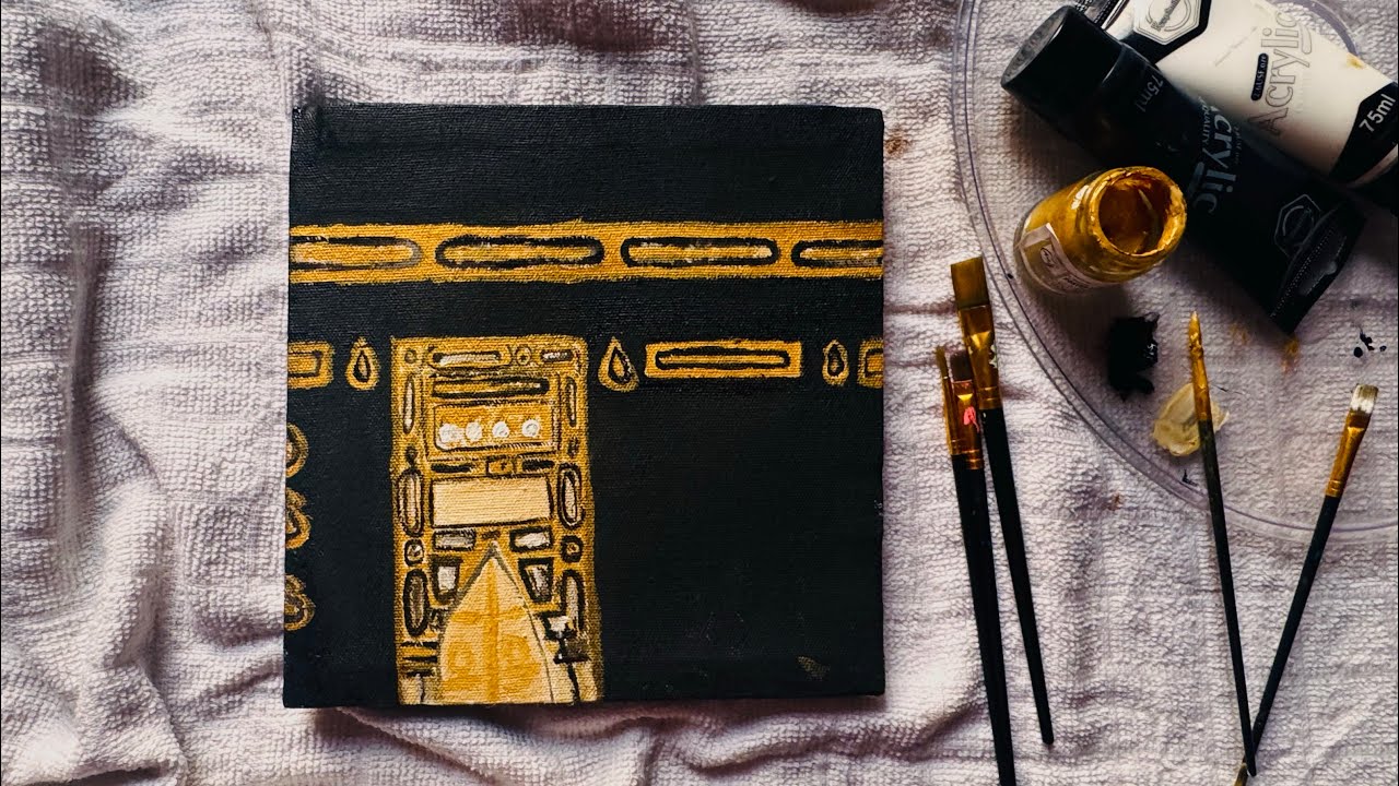 Kaba kiswah painting with black and gold acrylic paint 🎨✨|full tutorial |@artgallerybySH 