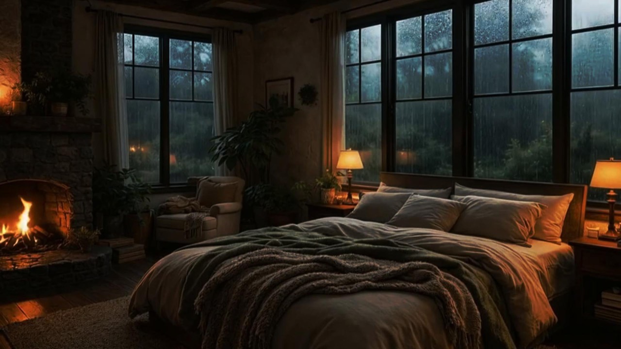 Cozy Rain Sounds for Sleep | Rainy Evening Bedroom Ambience with Fireplace (1 Hour)