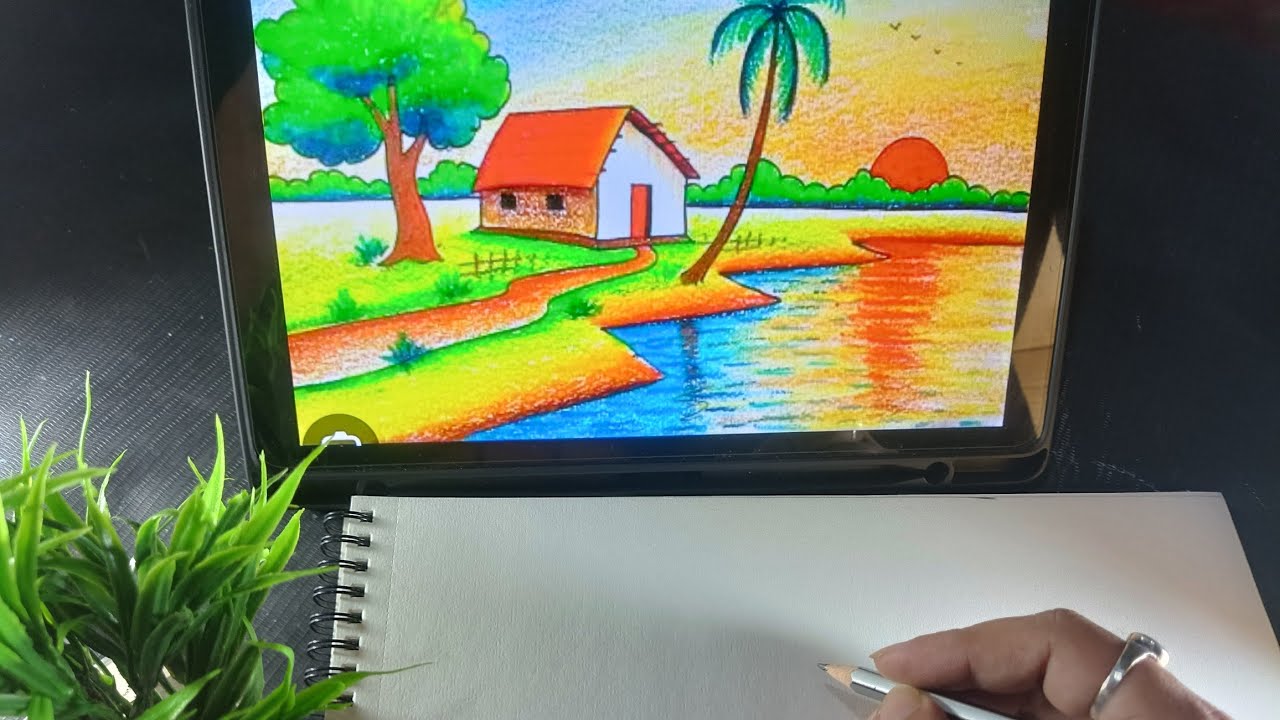Easy Sunset  Scenery Drawing with oilpastel  🖍️🖍️.. How to Draw Scenery drawing ......