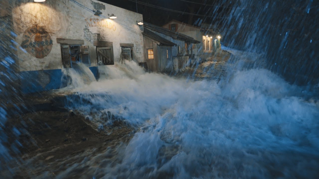[4K] New Jurassic Park scene & Nighttime Flash Flood - Nighttime Studio Tour