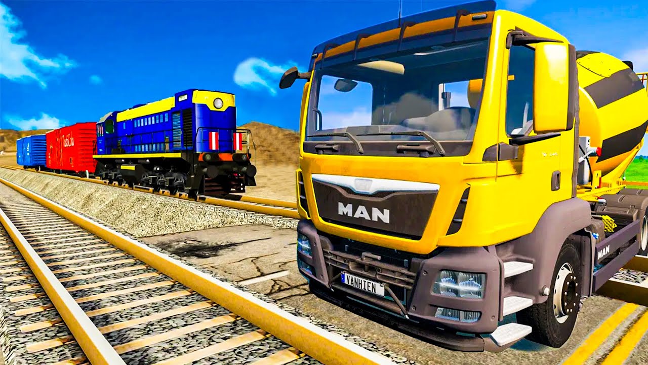 Car Rescue on Double Track Railroad | Tanker Truck Stuck On Track | Car Vs Train | BeamNG Drive
