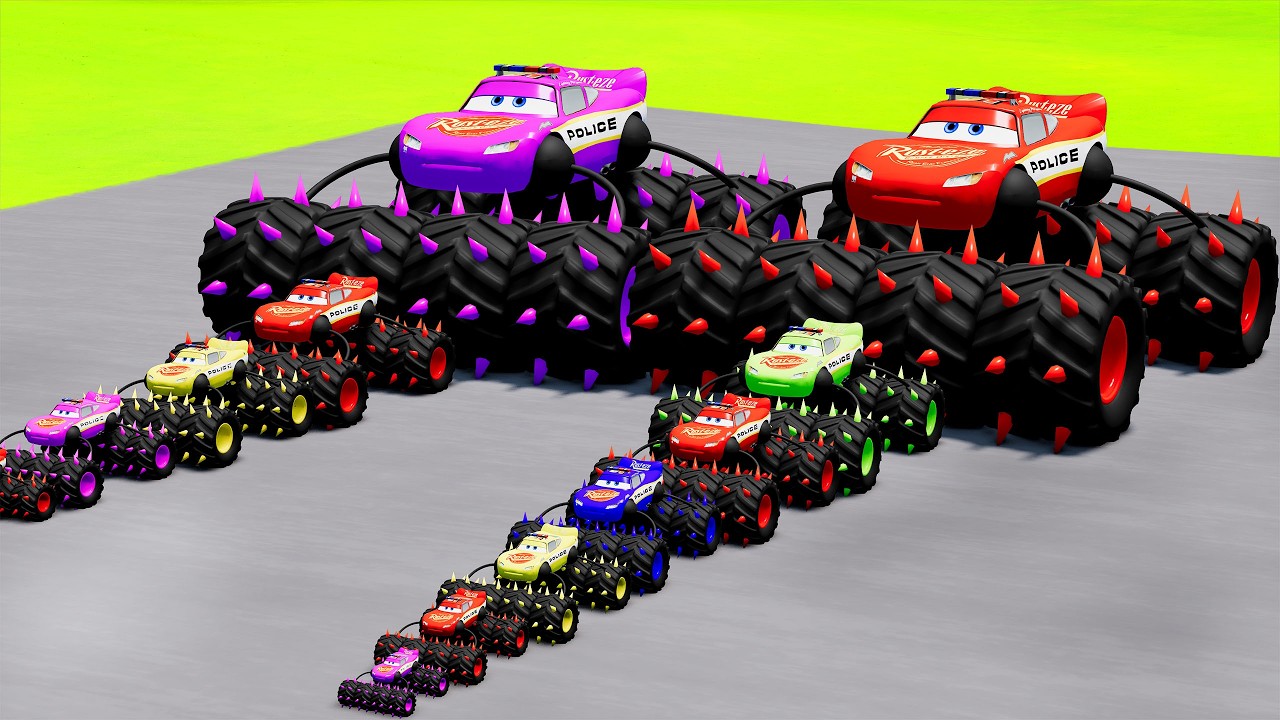 Big & Small McQueen Police Giant Spiked Thorn Wheels Vs Thomas Train | BeamNG.Drive