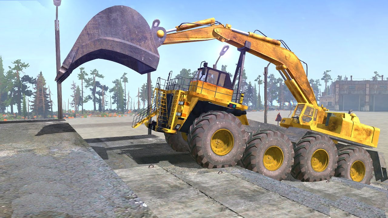 Giant Excavator Truck Drives Up The Steps