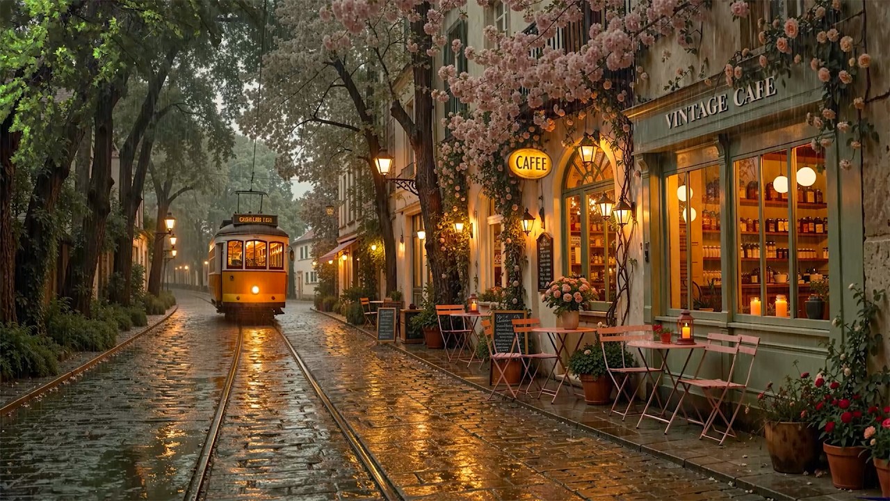 Quiet Vintage Café Tram Street in the Spring Rain 🌧️ Relaxing Warm Jazz for Study & Peaceful Moments