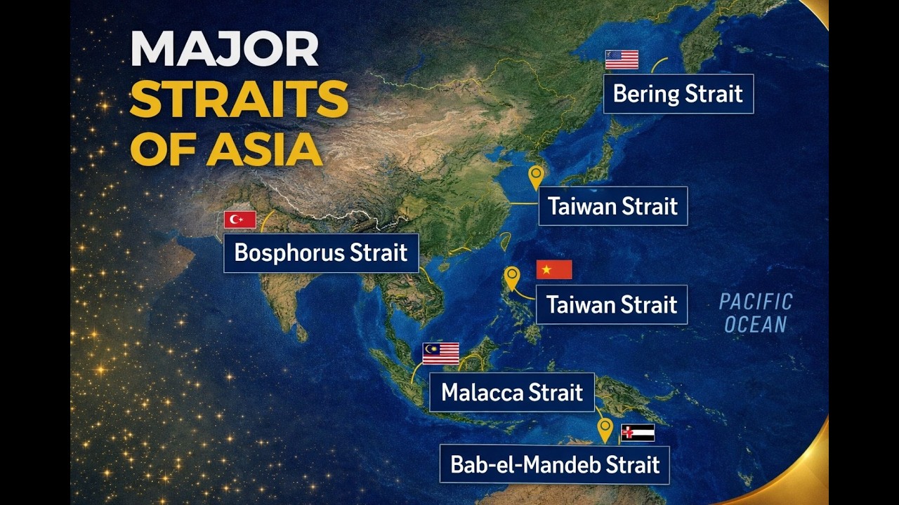 Asia Important Straits & Volcanoes | UPSC Geography | Map Based with practice seat