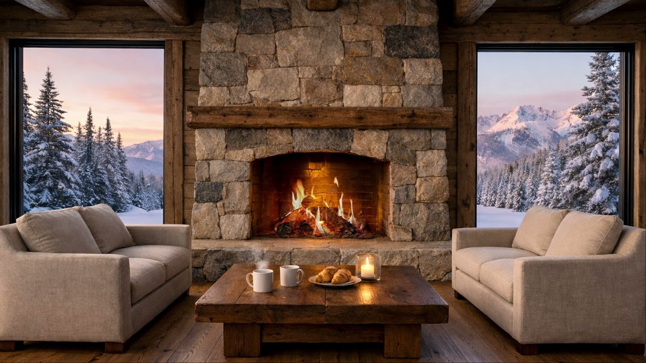 Slow Winter Morning in a Snowy Mountain Cabin 🌄 Fireplace & Soft Piano | Relaxing Wake Up Ambience