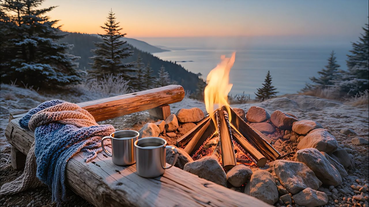 Cozy Firepit on a Frosty Morning | Fireplace & Distant Ocean Sounds | 24/7 Live