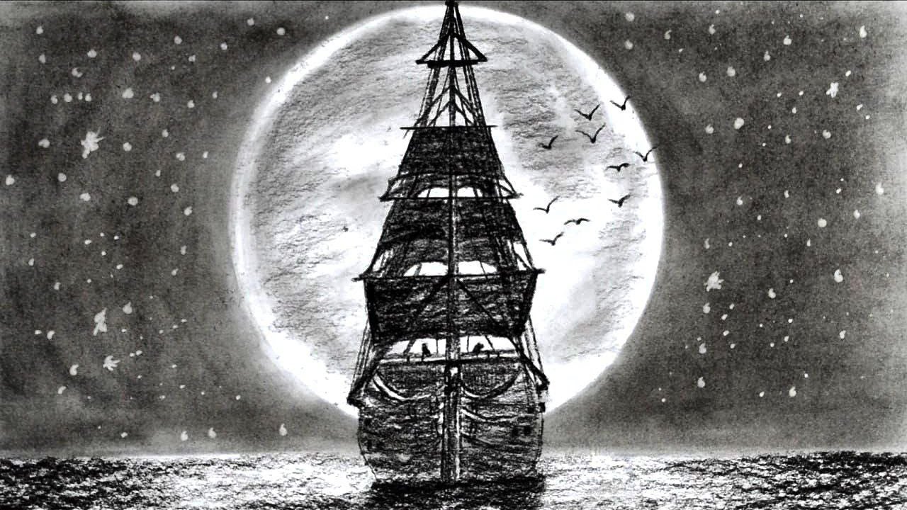 Easy Moonlight Drawing Anyone Can Try!/Drawing a ship under the moonlight for beginner