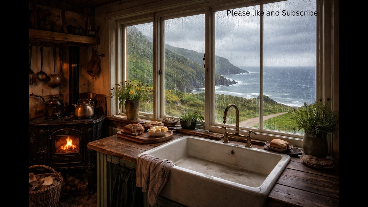 Gentle rain view from the kitchen on the Irish coast