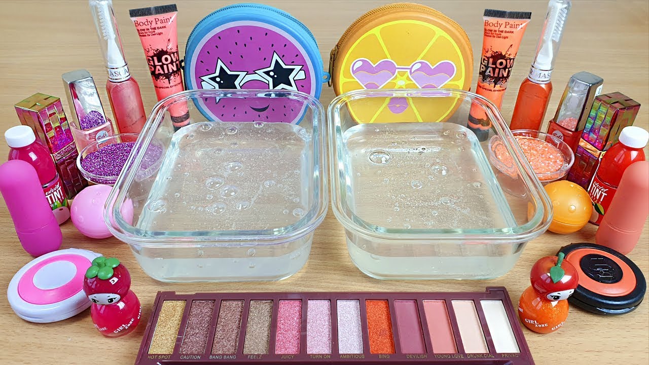 Slime Pink vs Orange Mixing makeup and glitter into Clear Slime