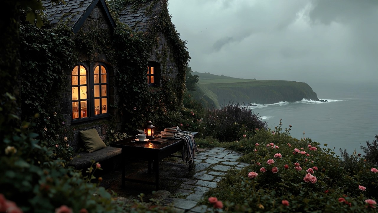 Melancholic Coastal Cottage in the Mist | Dark Academia Piano Playlist | Cliffside Cottage Ambience