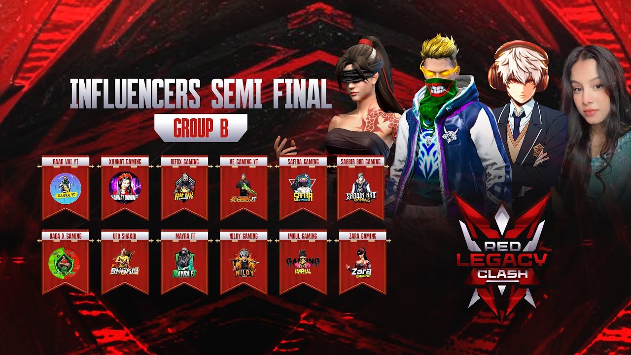 [🔴LIVE] RED LEGACY CLASH | INFLUENCERS SEMI FINAL GROUP-B | FREE FIRE @raadvaiyt829 @ZaraGamiing 