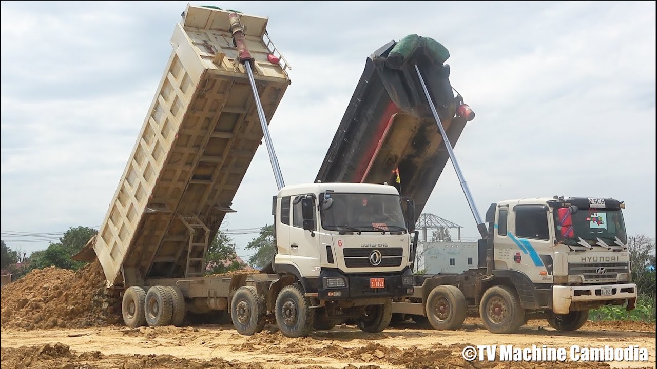 Amazing activities dump truck unloading dirt build big road, Dozer digging dirt on road
