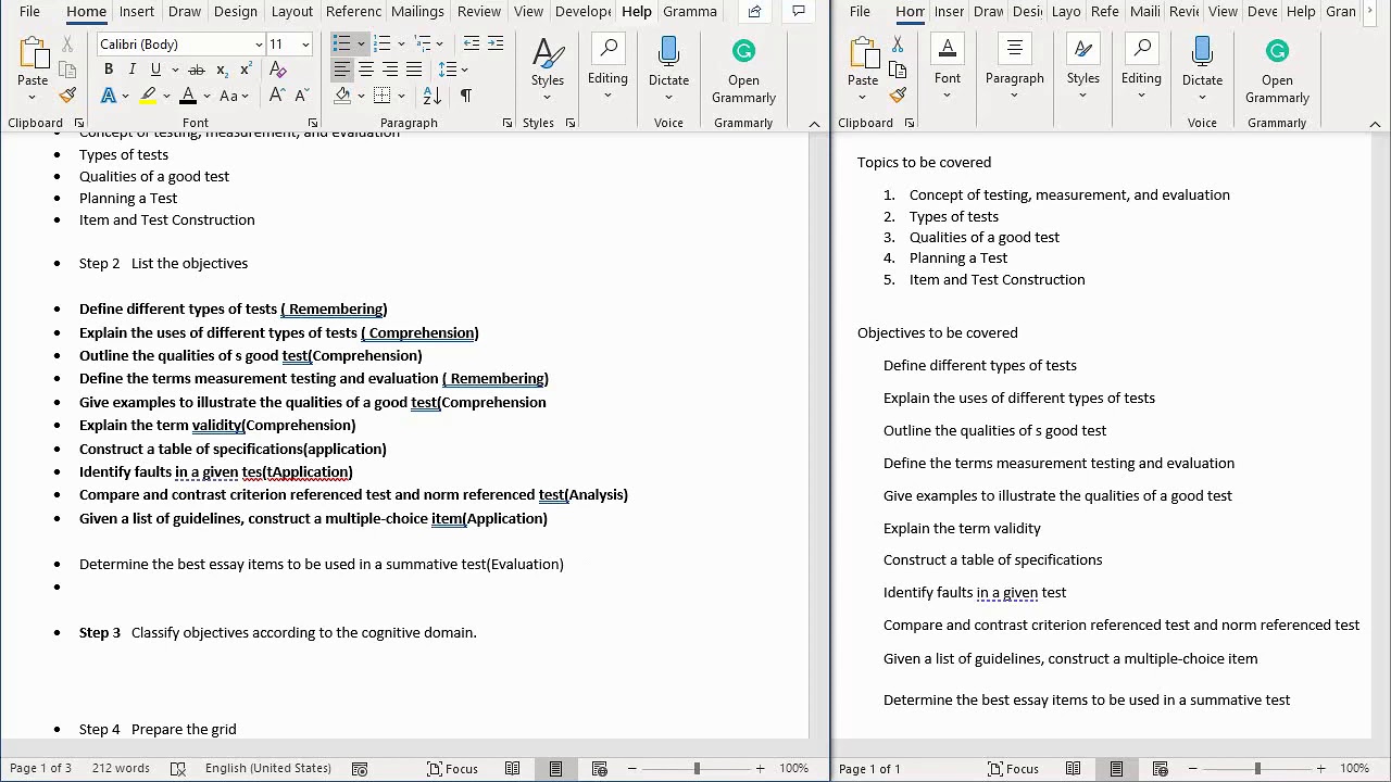 Constructing a Table of Specifications (Test Blueprint)